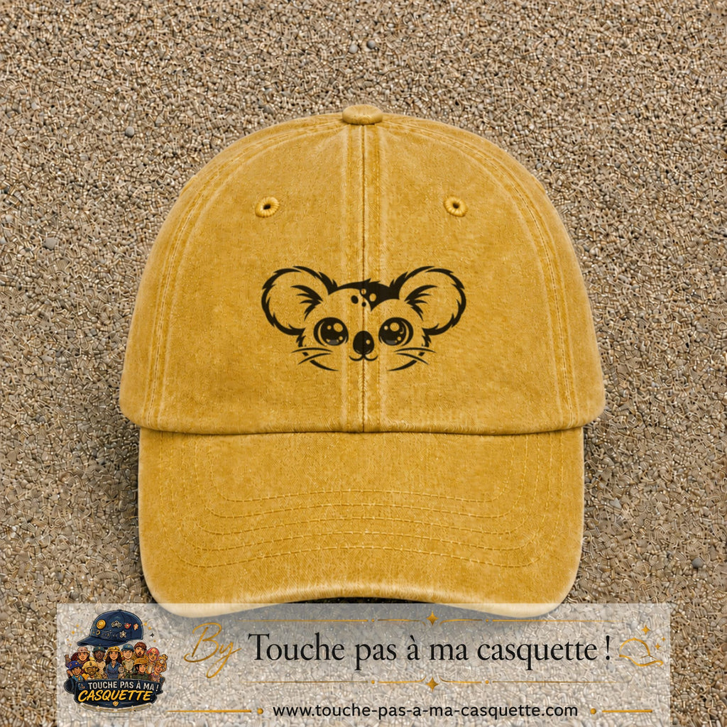 Image principale produit100moyenJ - casquette Jaune délavé - Moutarde délavé avec visuel Koala visage 5 cm