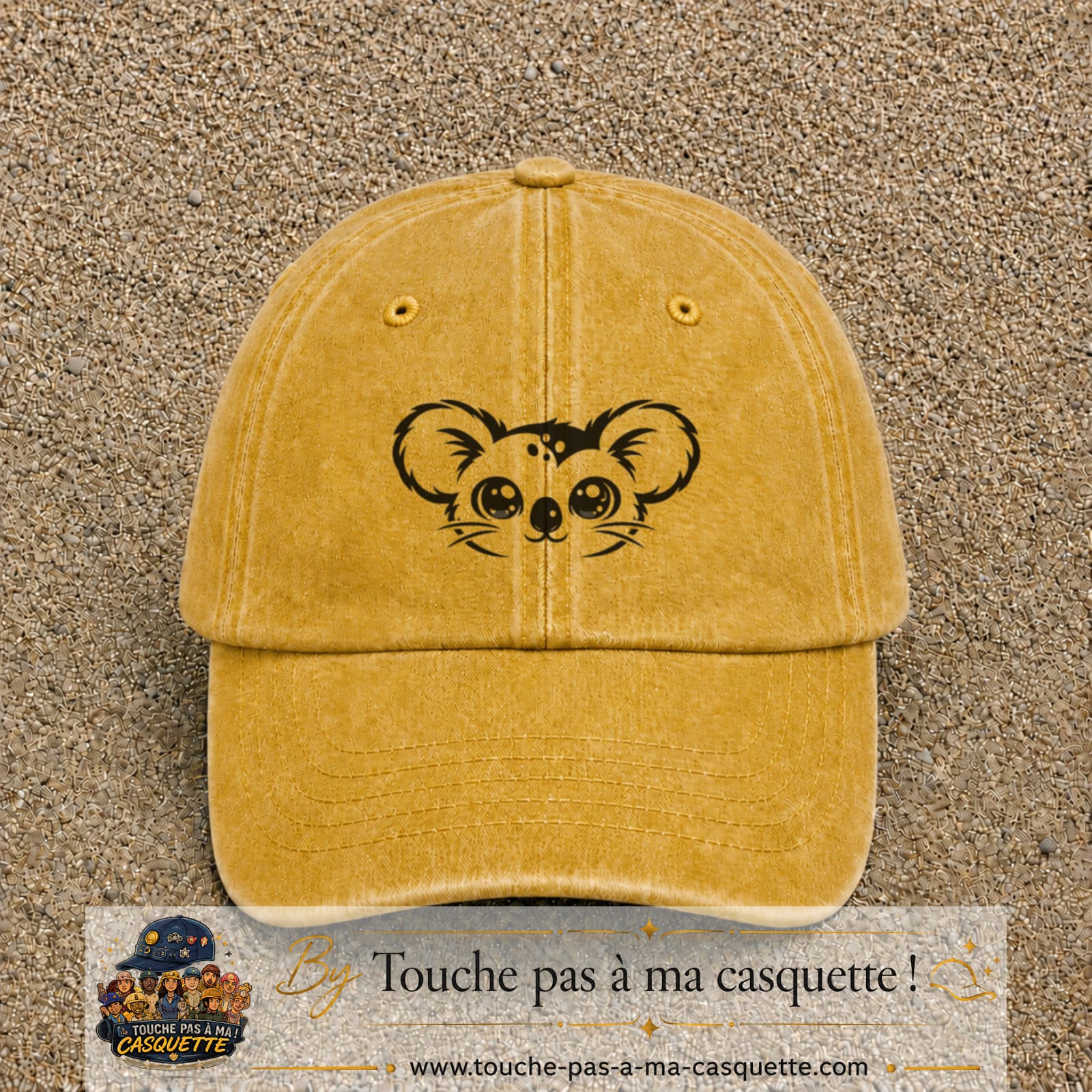 Image principale produit100moyenJ - casquette Jaune délavé - Moutarde délavé avec visuel Koala visage 5 cm