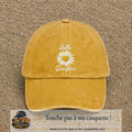 Image principale produit29grosJ - casquette Jaune délavé - Moutarde délavé avec visuel Hello sunshine marguerite blanc 7 cm