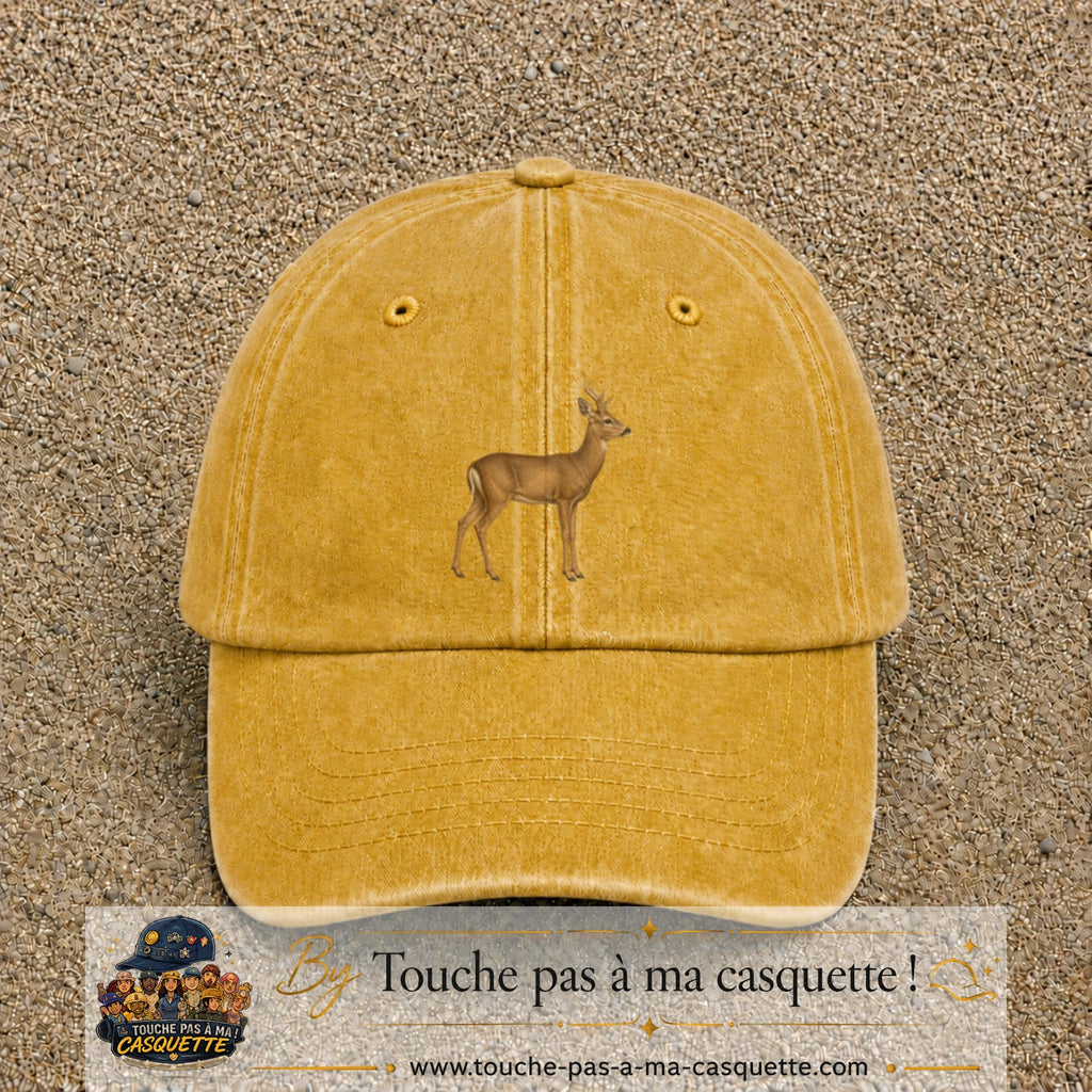 Image principale produit167grosJ - casquette Jaune délavé - Moutarde délavé avec visuel Cerf réaliste 7 cm