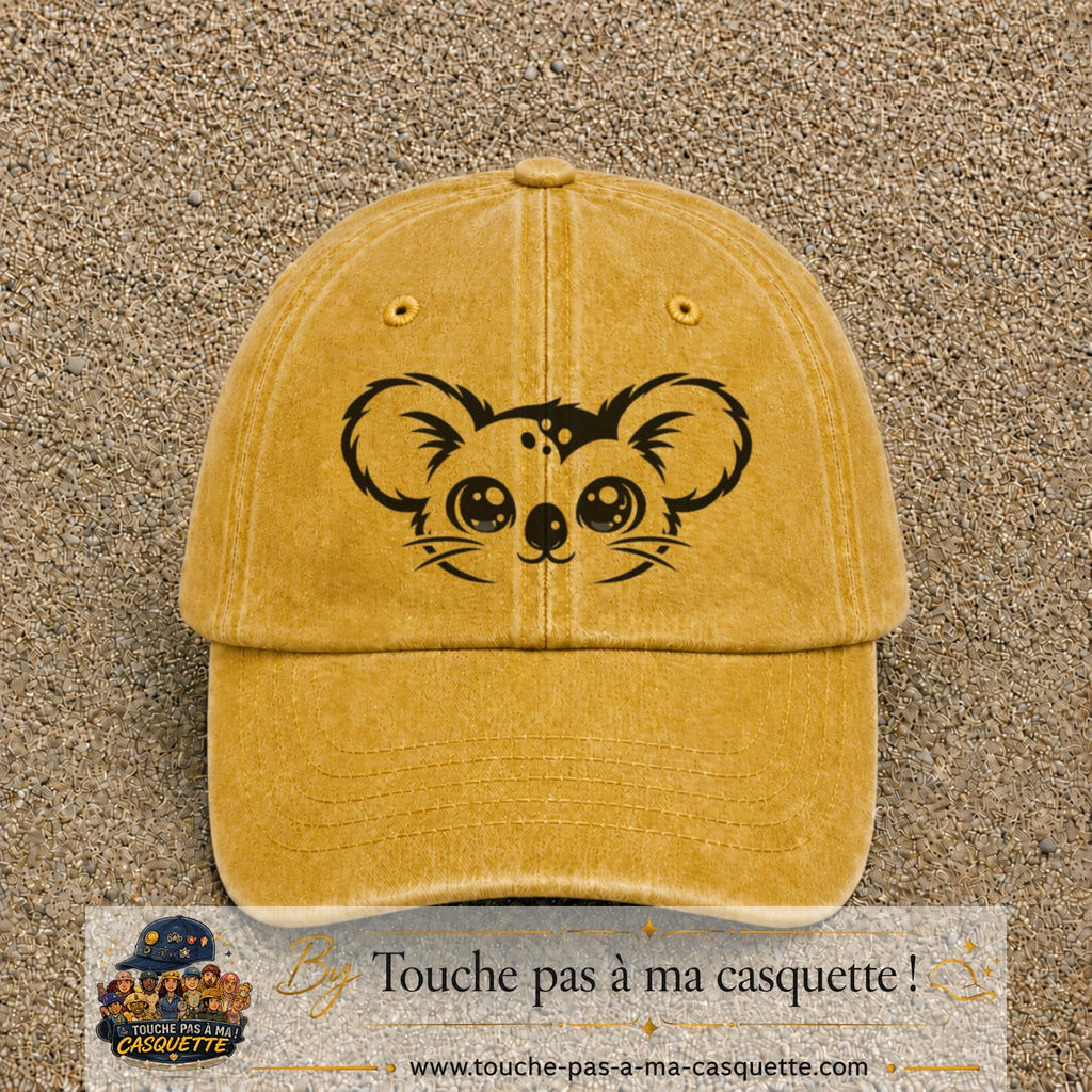Image principale produit100grosJ - casquette Jaune délavé - Moutarde délavé avec visuel Koala visage 7 cm