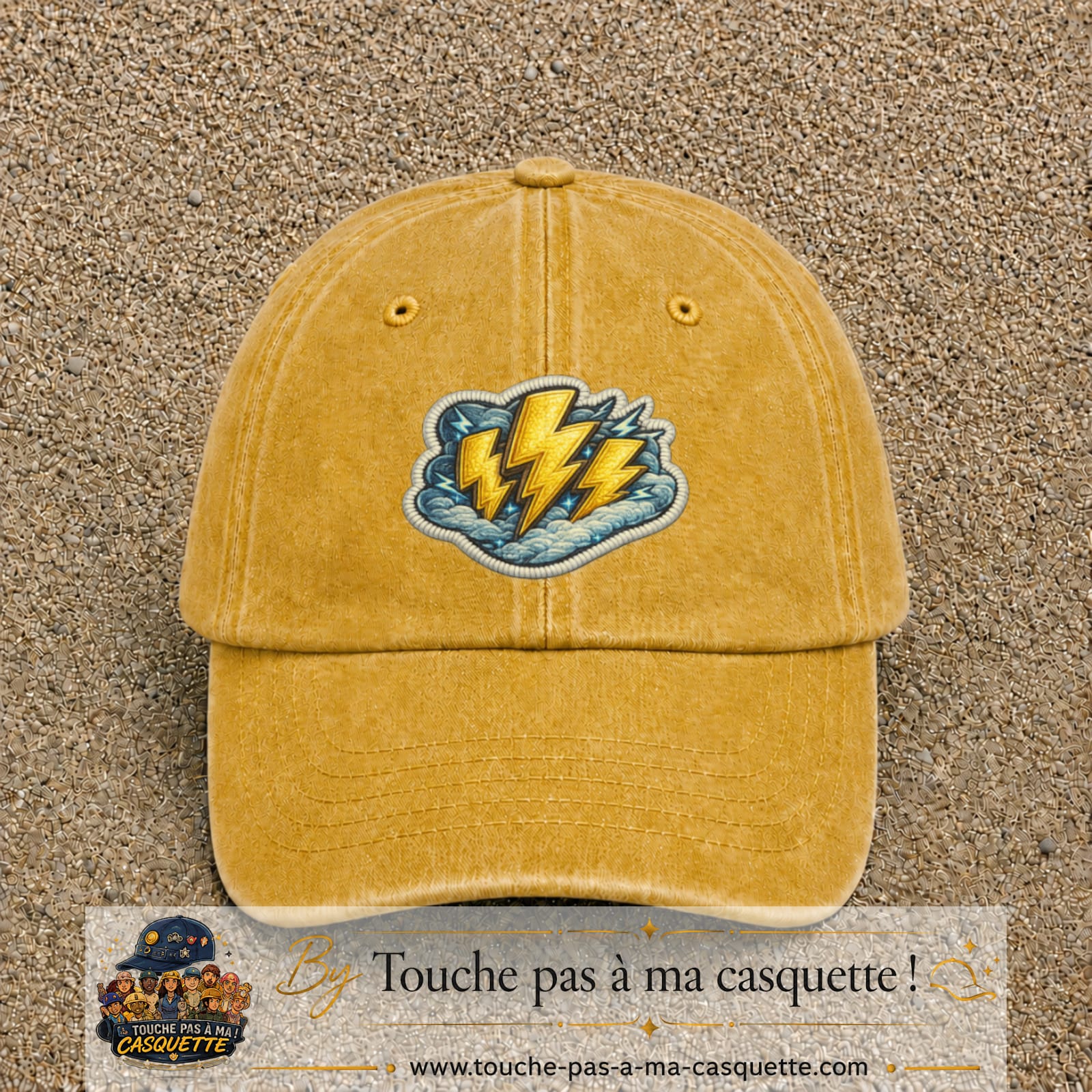 Image principale produit77grosJ - casquette Jaune délavé - Moutarde délavé avec visuel Éclairs 7 cm