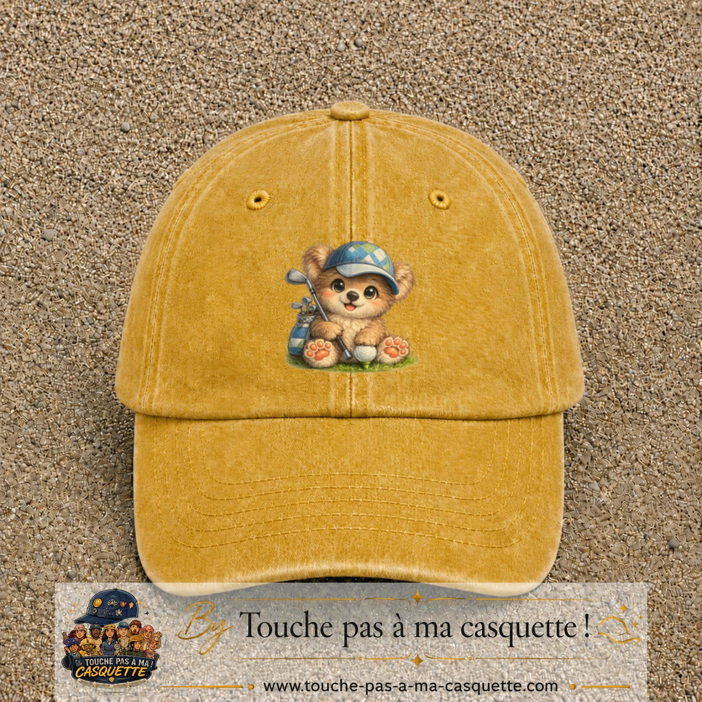 Image principale produit89grosJ - casquette Jaune délavé - Moutarde délavé avec visuel Ourson golf 7 cm
