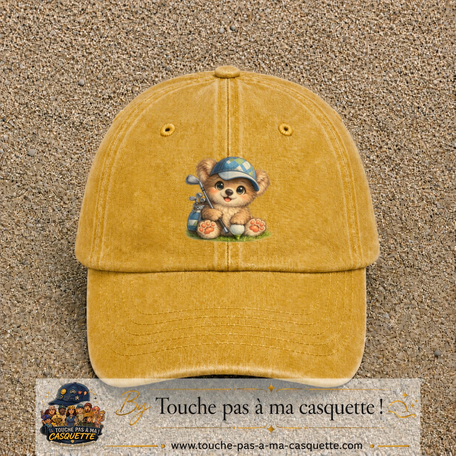 Image principale produit89grosJ - casquette Jaune délavé - Moutarde délavé avec visuel Ourson golf 7 cm