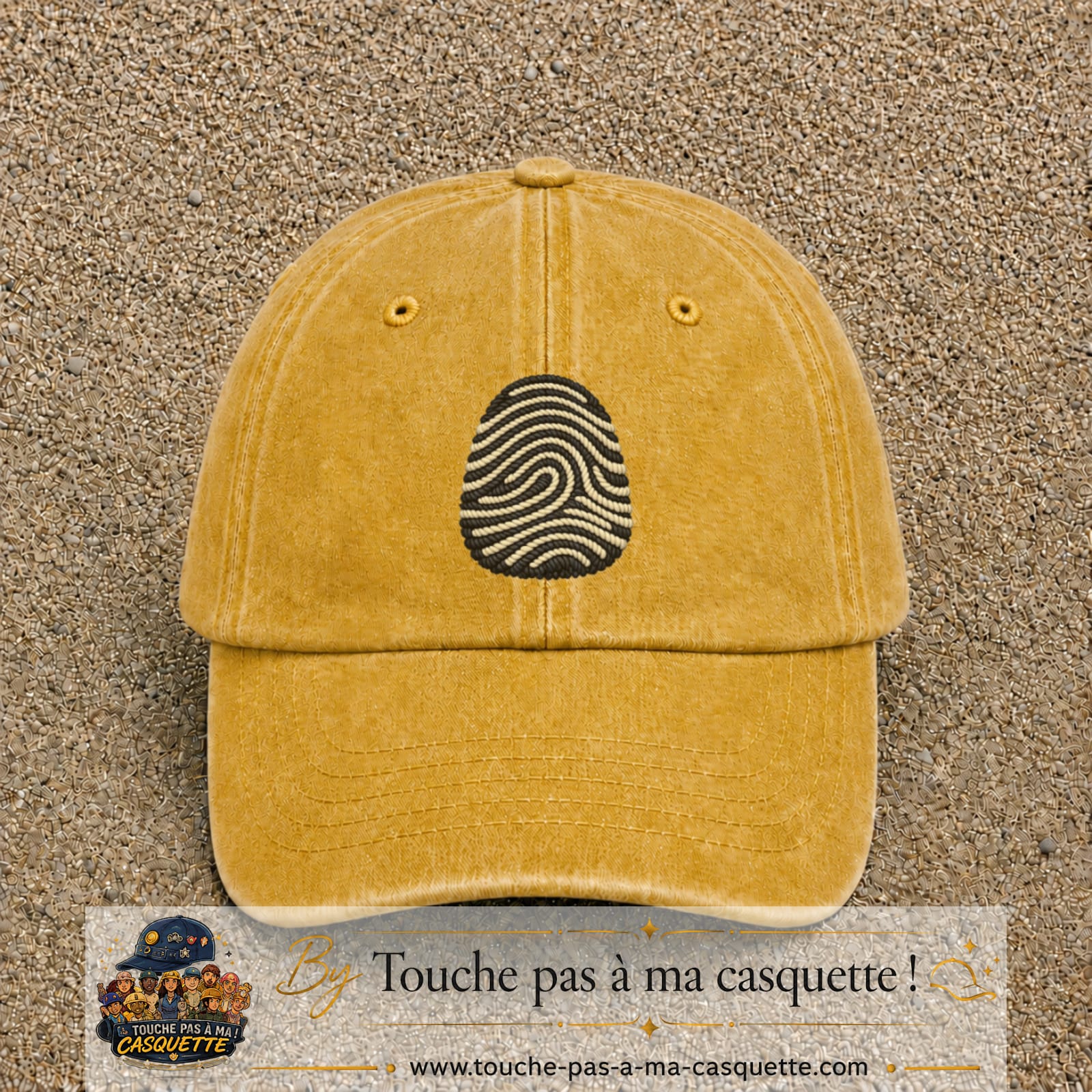 Image principale produit95grosJ - casquette Jaune délavé - Moutarde délavé avec visuel Empreinte digitale 7 cm