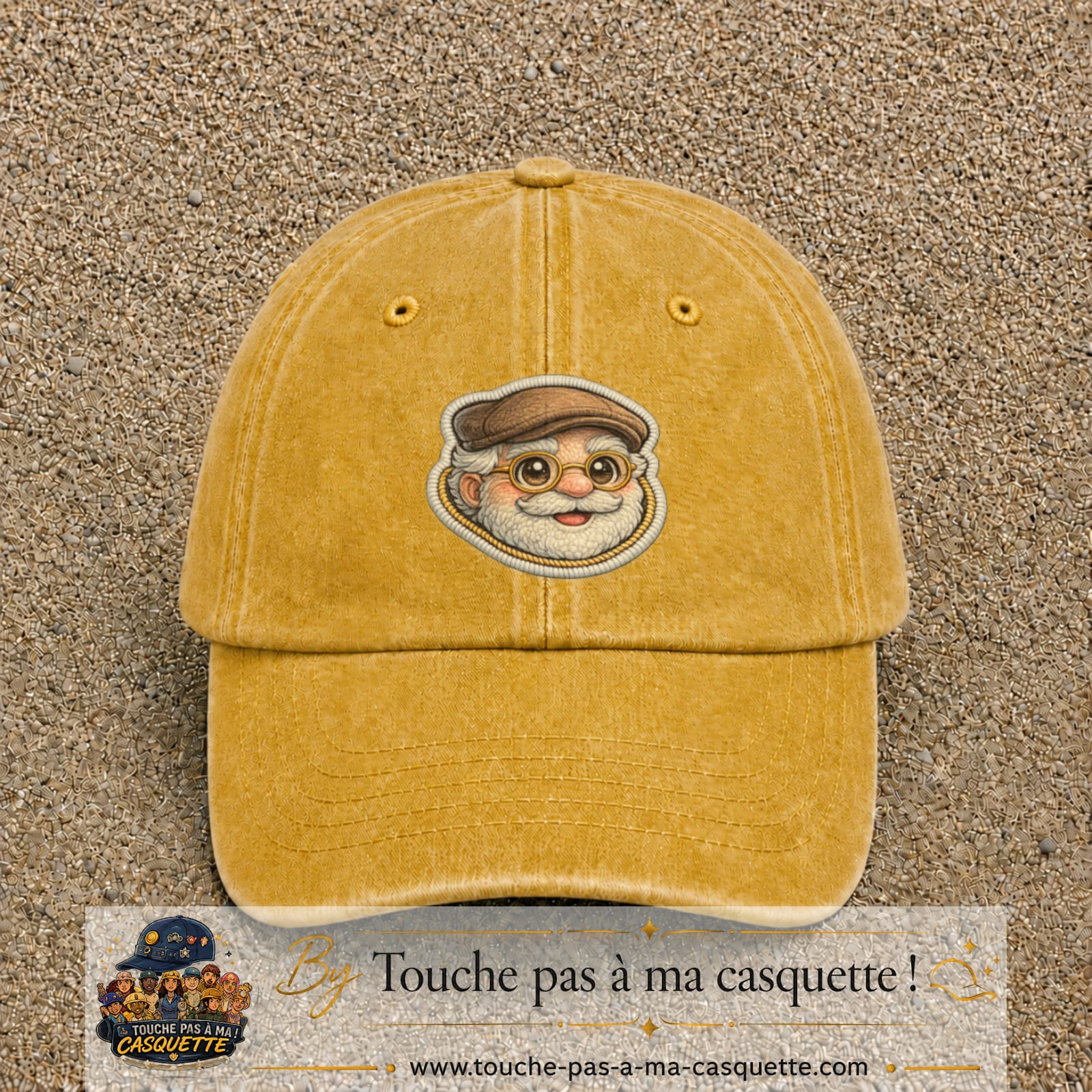Image principale produit76grosJ - casquette Jaune délavé - Moutarde délavé avec visuel Papy casquette lunettes 7 cm