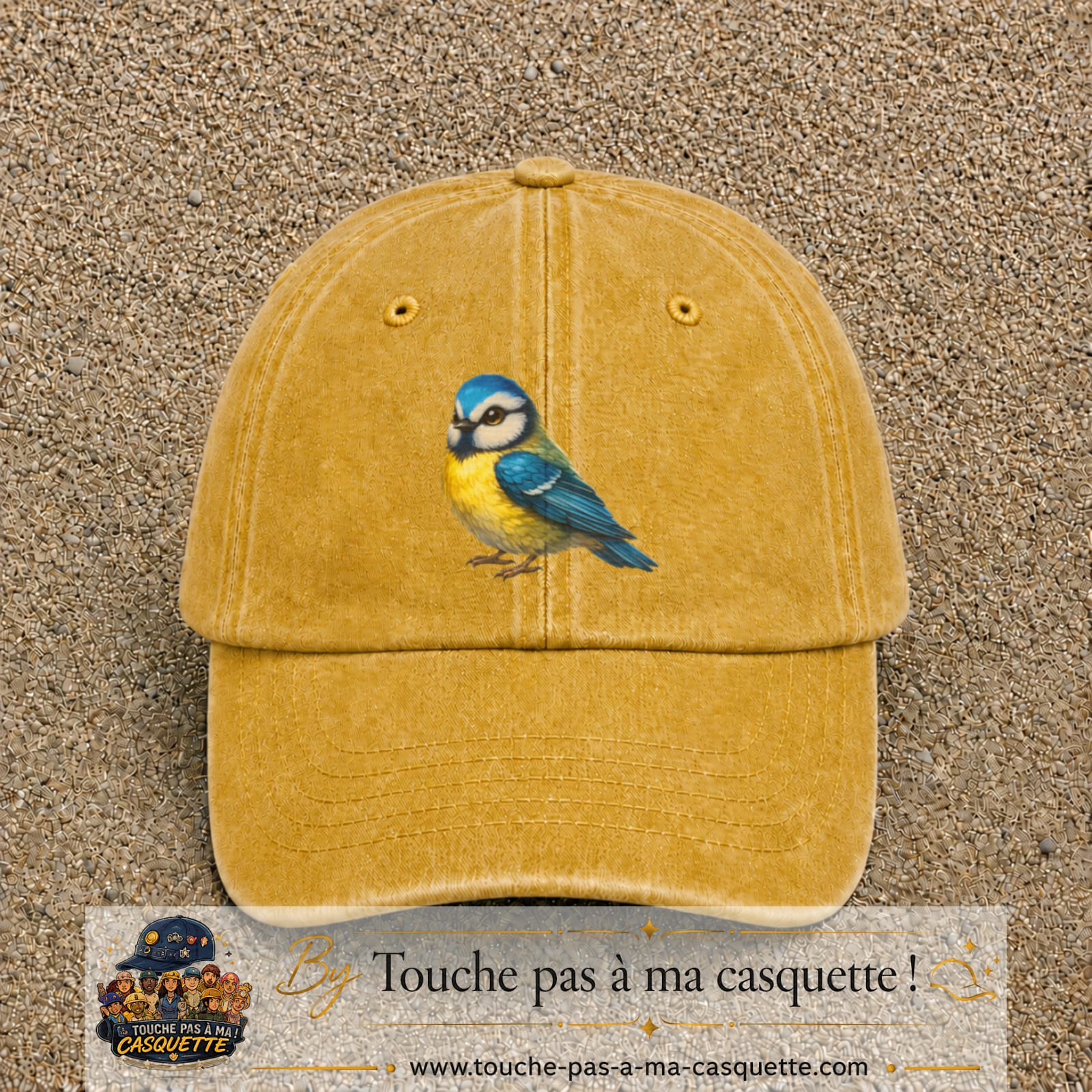 Image principale produit63grosJ - casquette Jaune délavé - Moutarde délavé avec visuel Mésange 7 cm