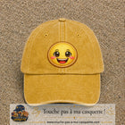 Image principale produit9grosJ - casquette Jaune délavé - Moutarde délavé avec visuel Emoji souriant 7 cm