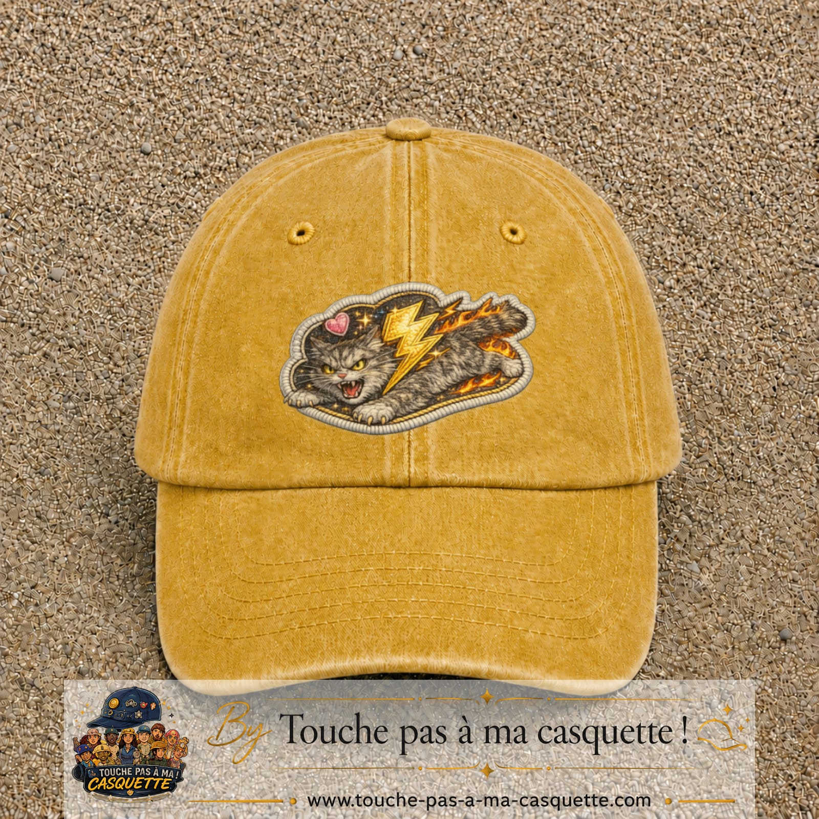 Image principale produit78grosJ - casquette Jaune délavé - Moutarde délavé avec visuel Chat éclair 7 cm