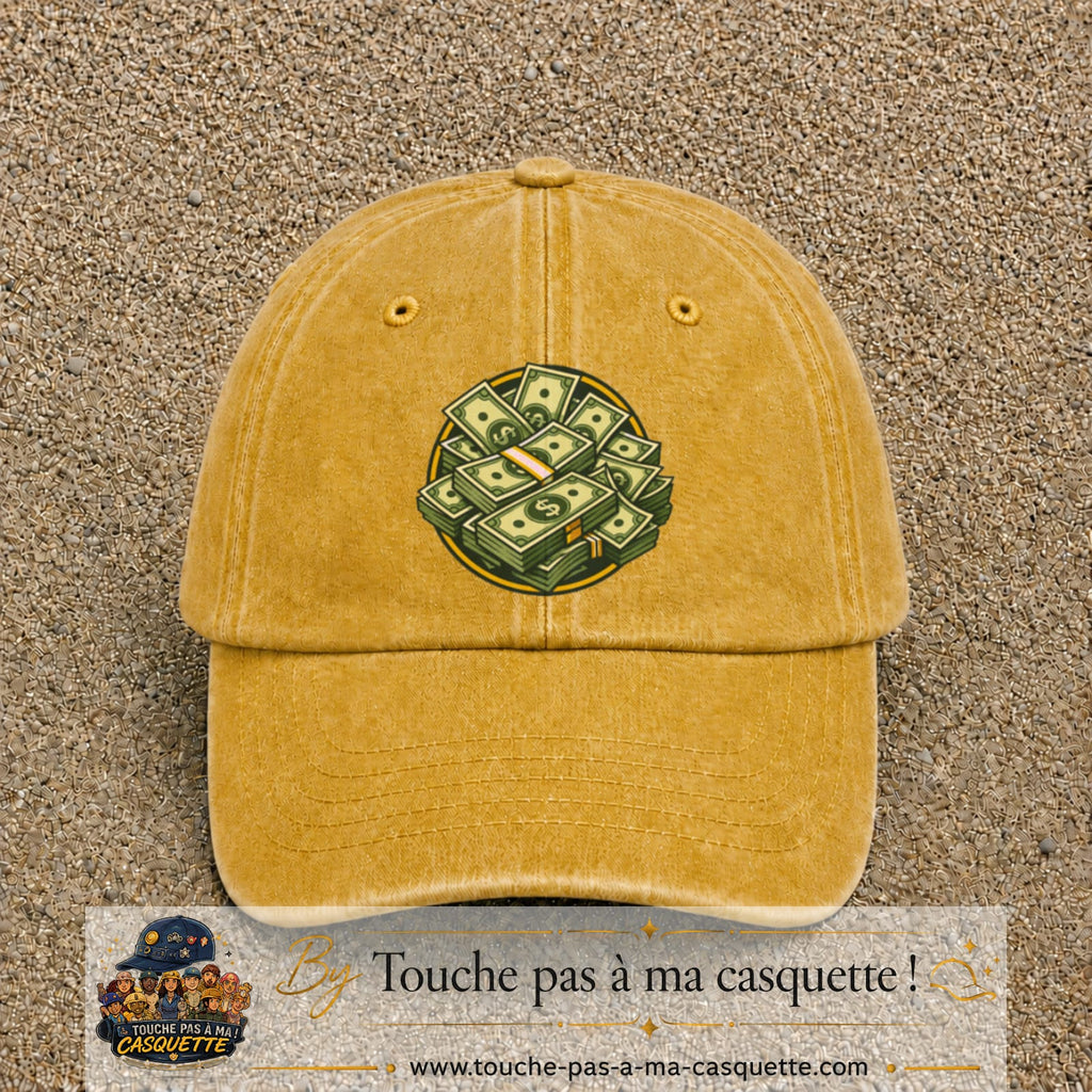 Image principale produit61grosJ - casquette Jaune délavé - Moutarde délavé avec visuel Liasses de billets 7 cm