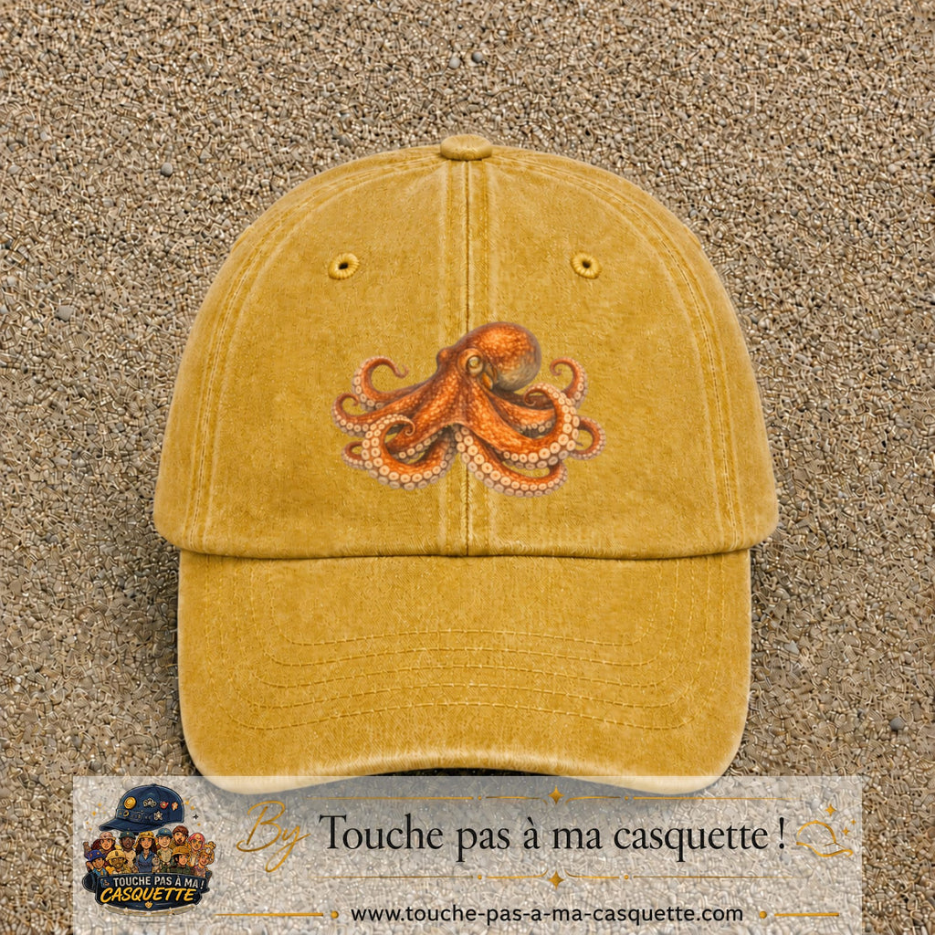 Image principale produit71grosJ - casquette Jaune délavé - Moutarde délavé avec visuel Pieuvre 7 cm