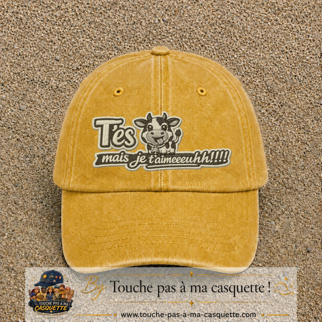 Image principale produit122grosJ - casquette Jaune délavé - Moutarde délavé avec visuel Vache message français 7 cm