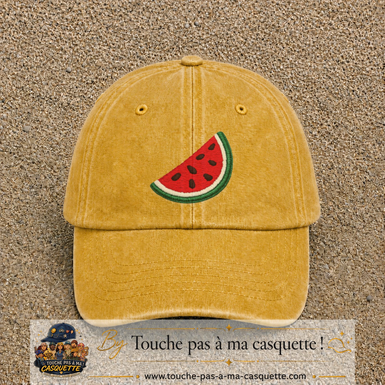 Image principale produit22grosJ - casquette Jaune délavé - Moutarde délavé avec visuel Pastèque 7 cm