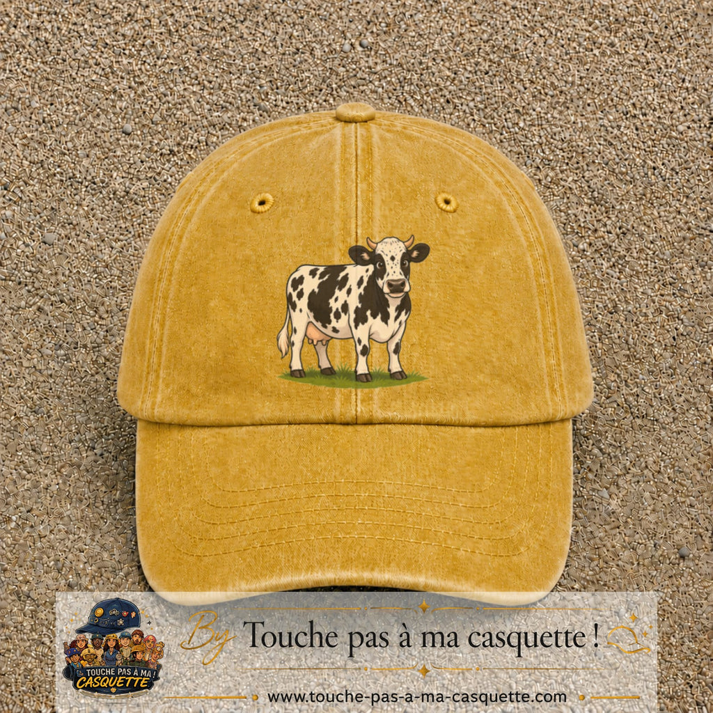 Image principale produit69grosJ - casquette Jaune délavé - Moutarde délavé avec visuel Vache noir blanc 7 cm
