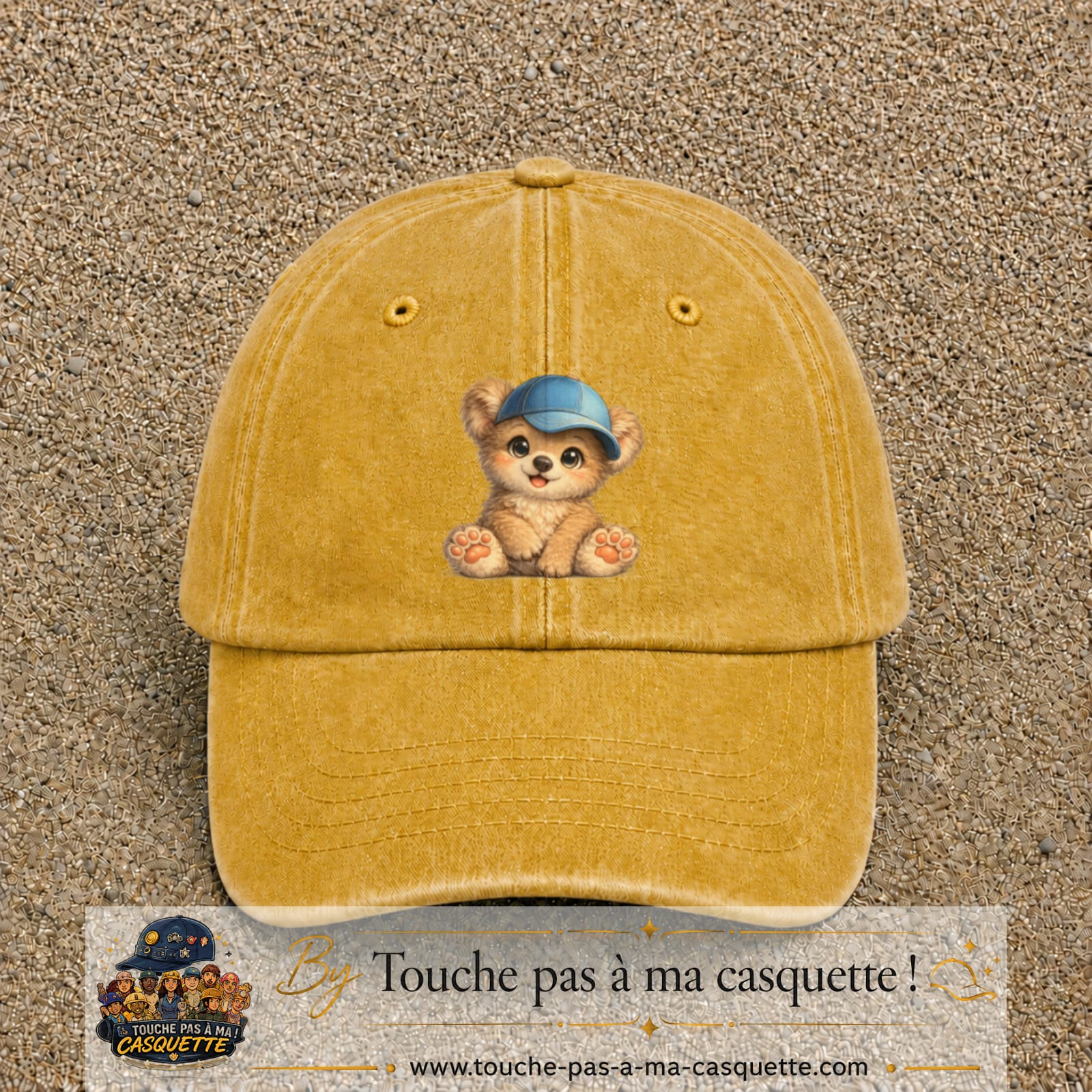 Image principale produit88grosJ - casquette Jaune délavé - Moutarde délavé avec visuel Ourson casquette 7 cm