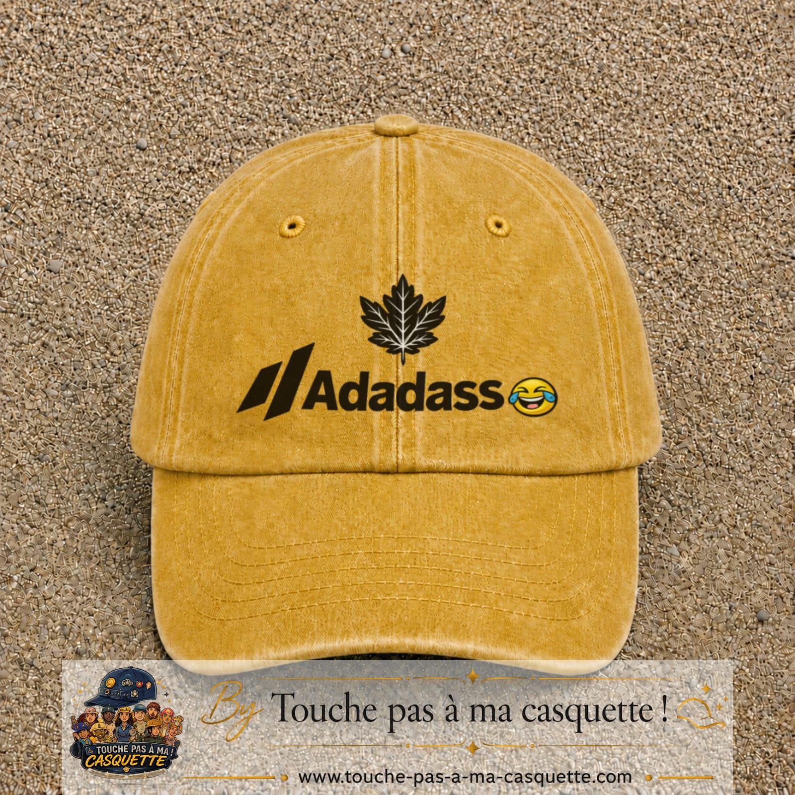 Image principale produit38grosJ - casquette Jaune délavé - Moutarde délavé avec visuel Adadass feuille d’érable 7 cm