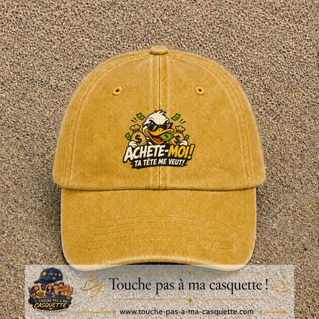 Image principale produit124grosJ - casquette Jaune délavé - Moutarde délavé avec visuel Canard argent 7 cm