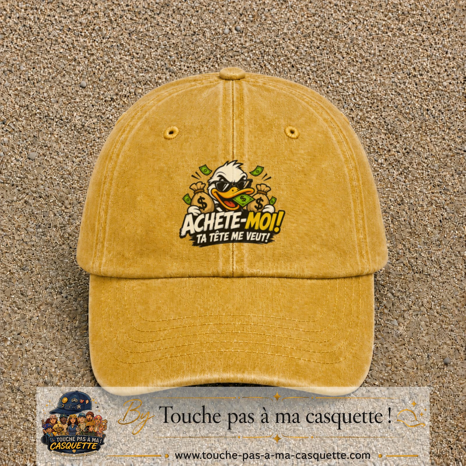 Image principale produit124grosJ - casquette Jaune délavé - Moutarde délavé avec visuel Canard argent 7 cm