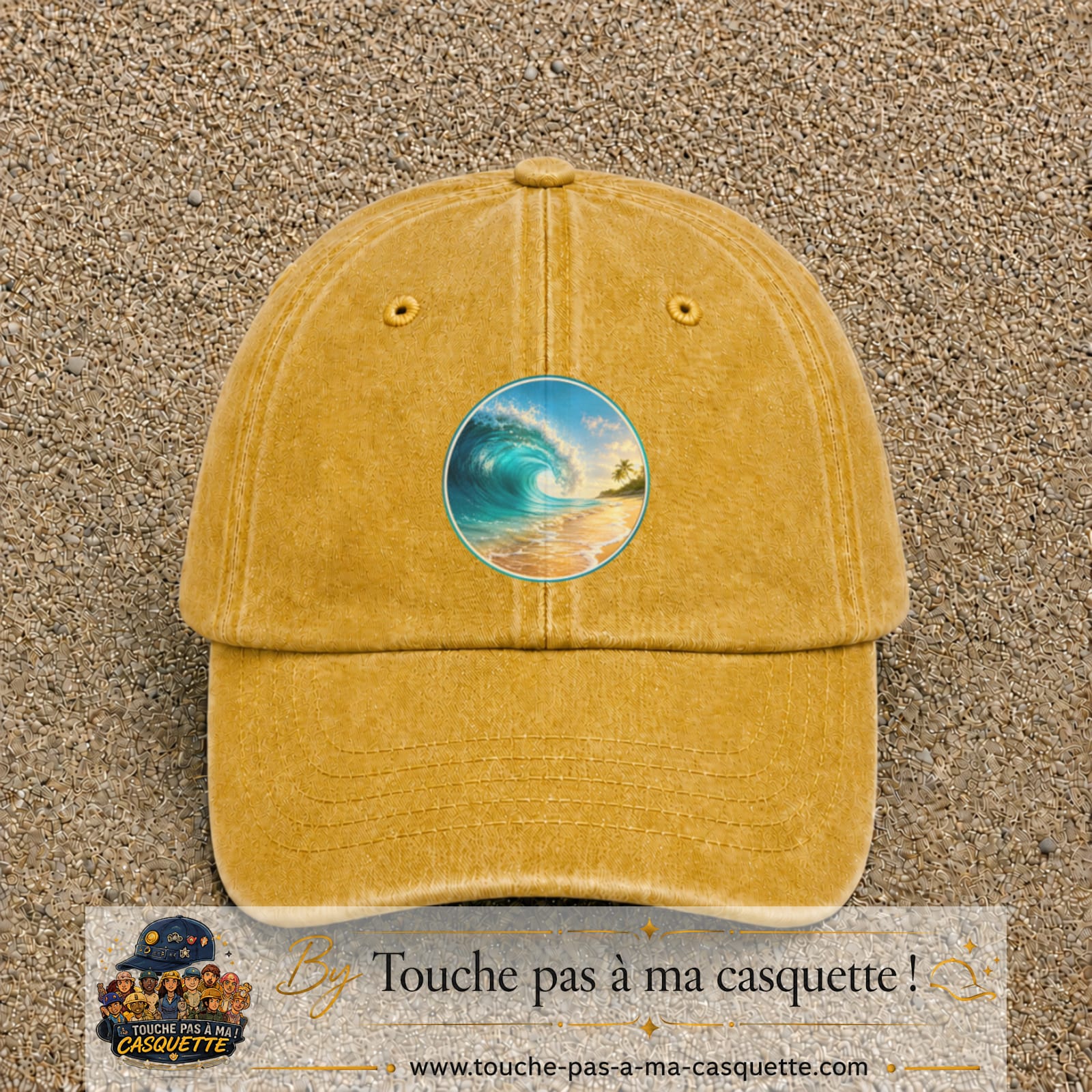 Image principale produit175grosJ - casquette Jaune délavé - Moutarde délavé avec visuel Vague plage 7 cm