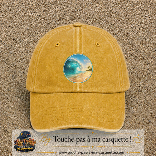 Image principale produit175grosJ - casquette Jaune délavé - Moutarde délavé avec visuel Vague plage 7 cm