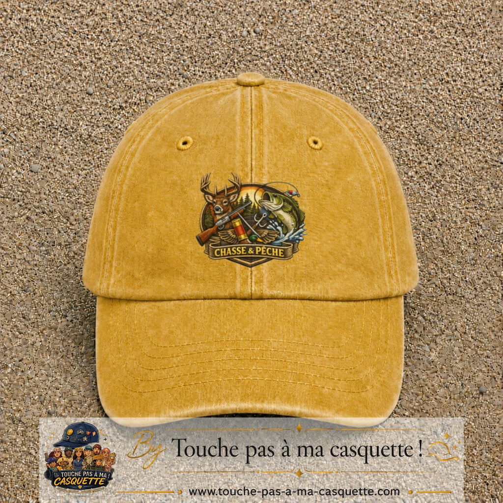 Casquette Jaune délavé - Moutarde délavé motif Chasse et pêche 7 cm - vue principale