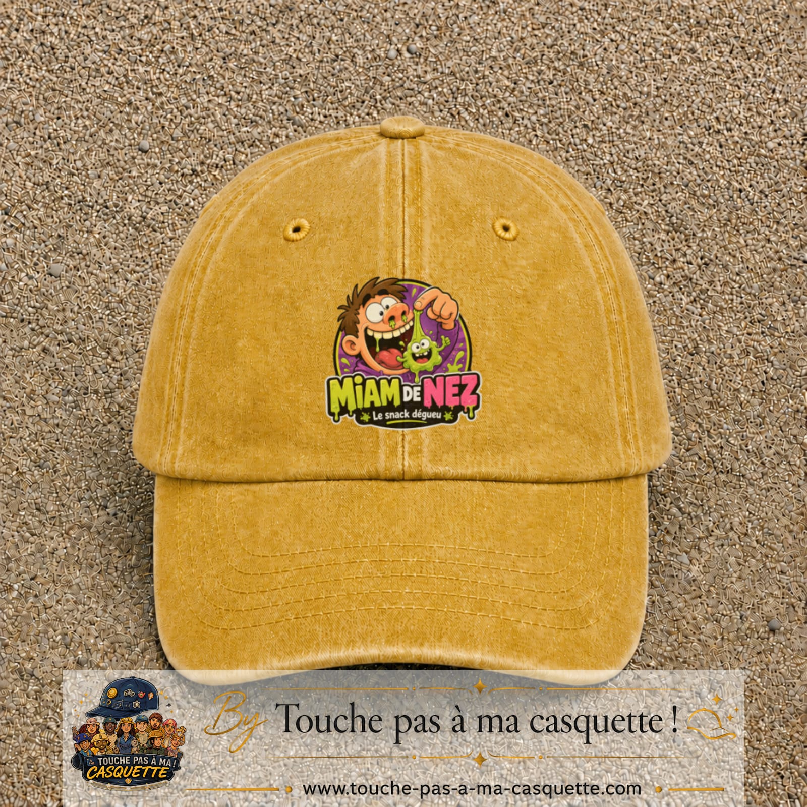 Casquette baseball Jaune délavé - Moutarde délavé 100% coton avec visuel Miam de nez 7 cm - image produit principale