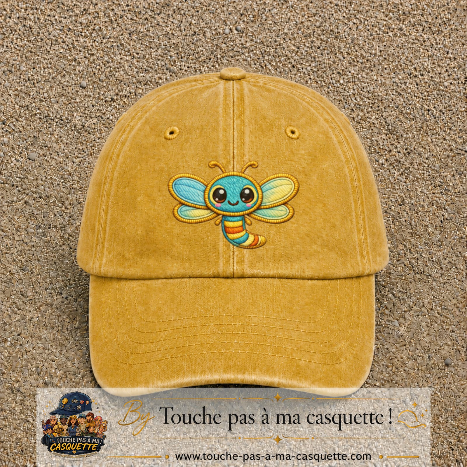 Casquette Jaune délavé - Moutarde délavé motif Libellule multicolore 7 cm - vue principale