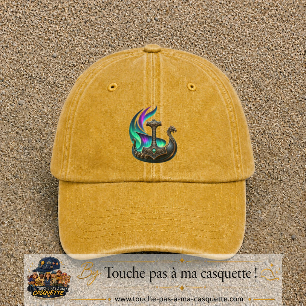 Casquette Jaune délavé - Moutarde délavé 100% coton avec motif Drakkar viking et marteau de Thor 7 cm - image principale