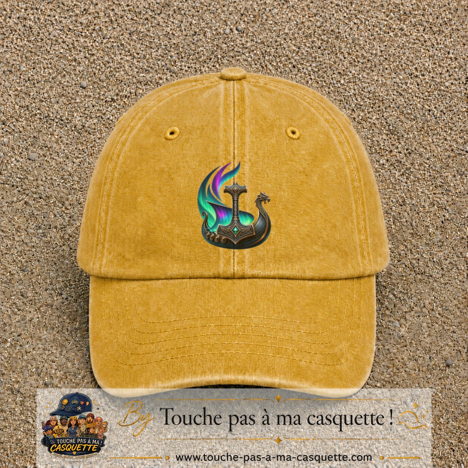 Casquette Jaune délavé - Moutarde délavé 100% coton avec motif Drakkar viking et marteau de Thor 7 cm - image principale