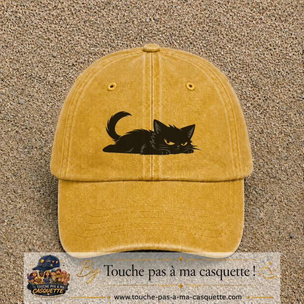 Casquette baseball Jaune délavé - Moutarde délavé 100% coton avec visuel Chat noir couché 5 cm - image produit principale