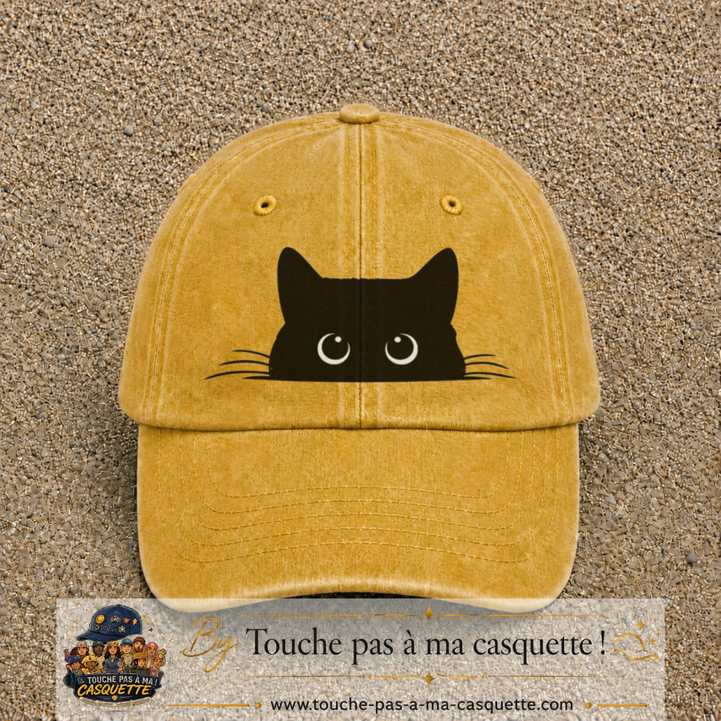 Casquette baseball Jaune délavé - Moutarde délavé 100% coton avec visuel Chat noir cache-cache 7 cm - image produit principale