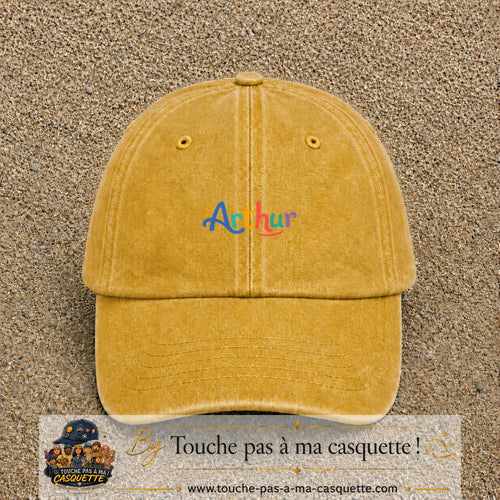Casquette baseball Jaune délavé - Moutarde délavé 100% coton avec visuel Prénom Arthur coloré 3 cm - image produit principale