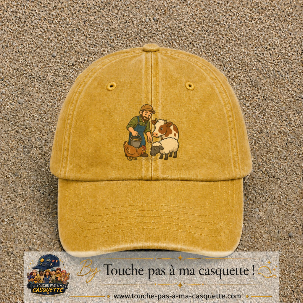 Casquette Jaune délavé - Moutarde délavé 100% coton avec motif Fermier et animaux 7 cm - image principale
