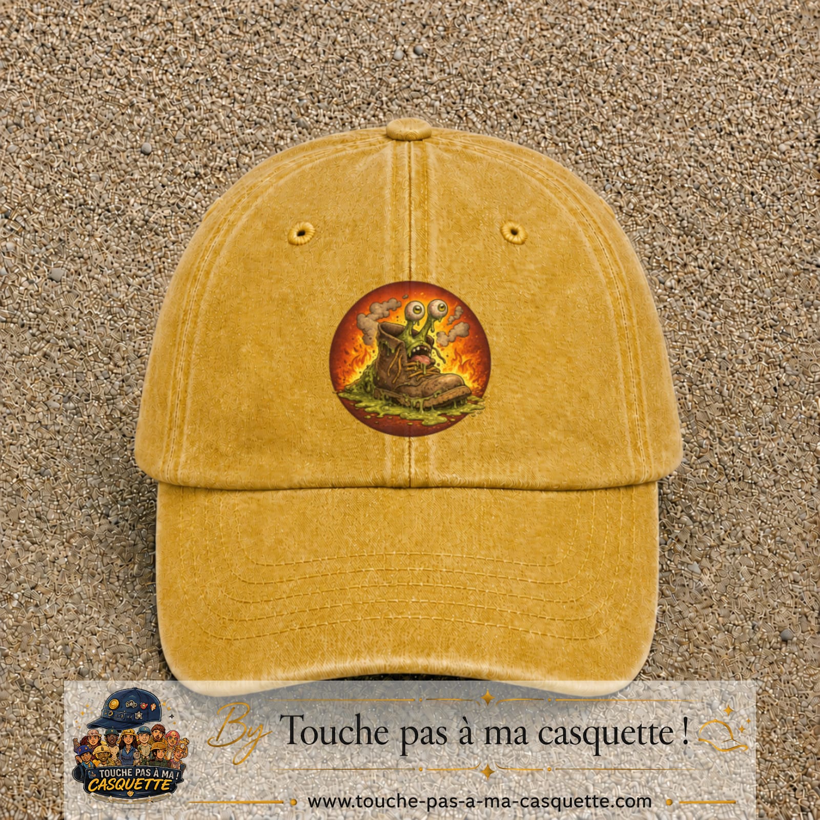 Casquette baseball Jaune délavé - Moutarde délavé 100% coton avec visuel Chaussure monstre 7 cm - image produit principale