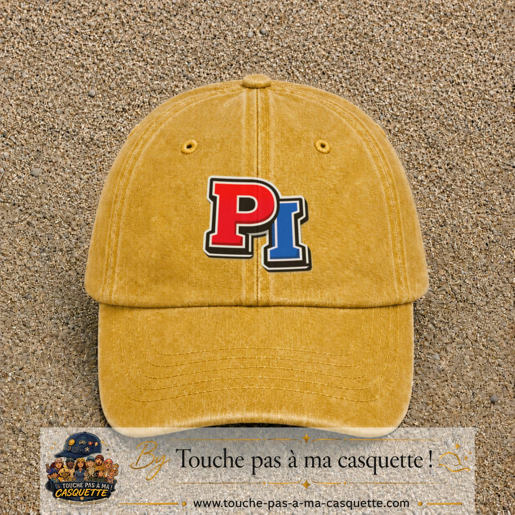 Casquette Jaune délavé - Moutarde délavé 100% coton avec motif Initiales PI rouge et bleu 7 cm - image principale
