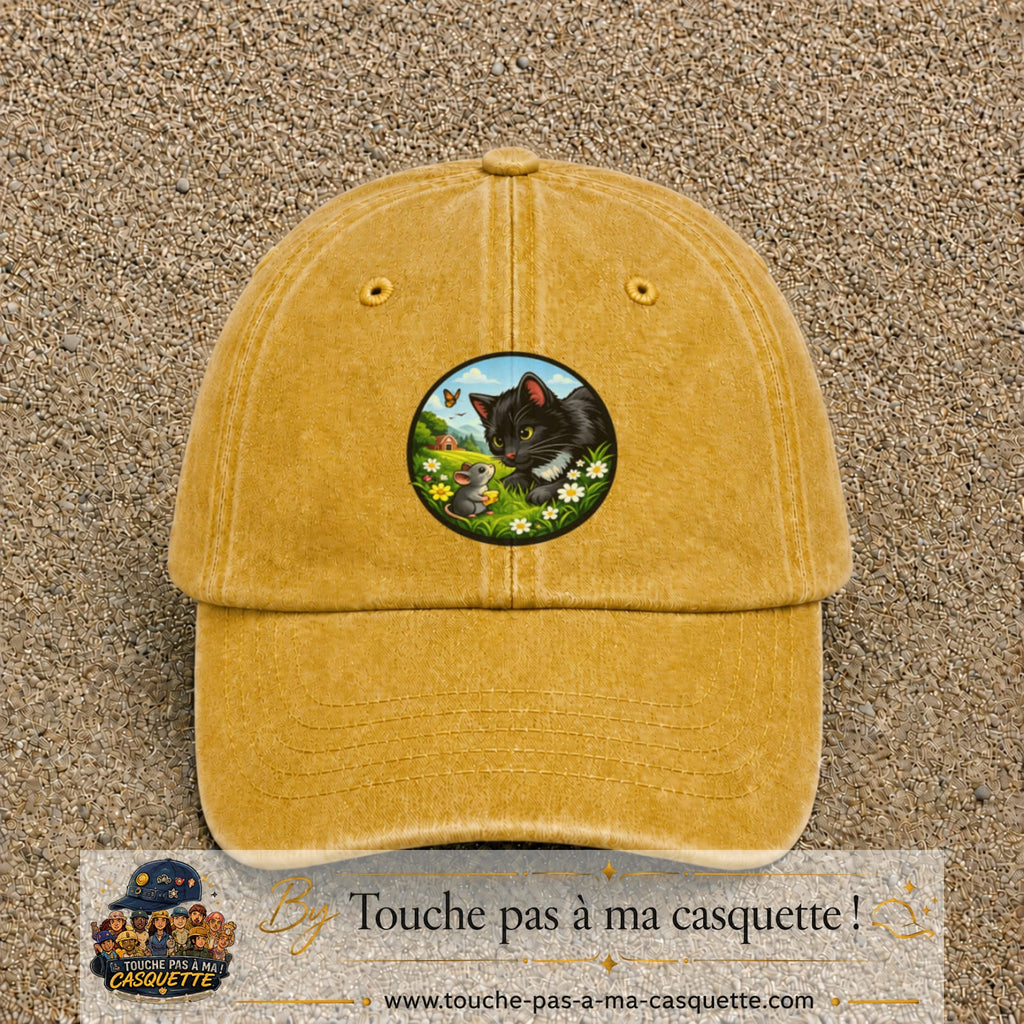 Casquette baseball Jaune délavé - Moutarde délavé 100% coton avec visuel Chat noir et souris 7 cm - image produit principale