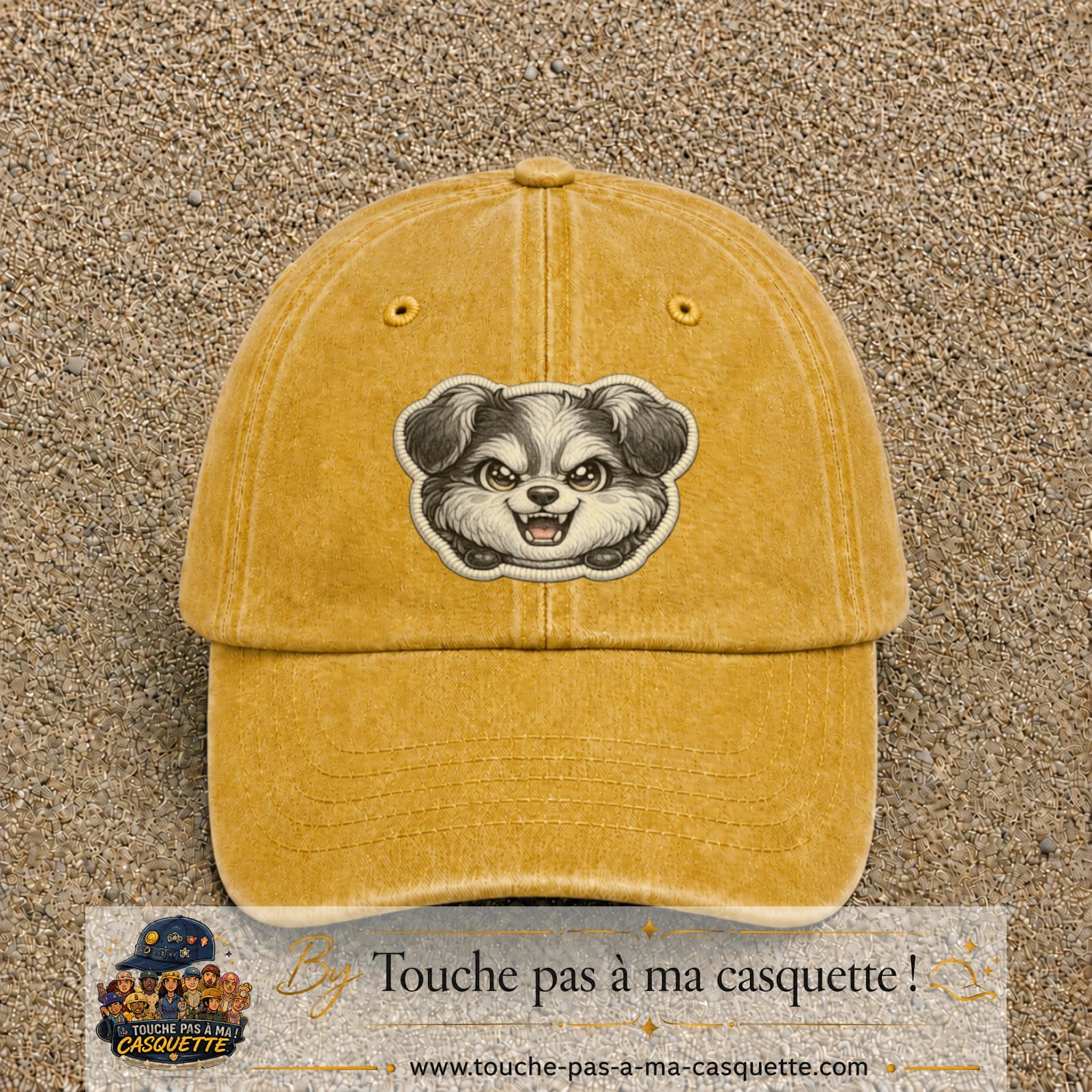 Casquette Jaune délavé - Moutarde délavé motif Chien rieur 7 cm - vue principale