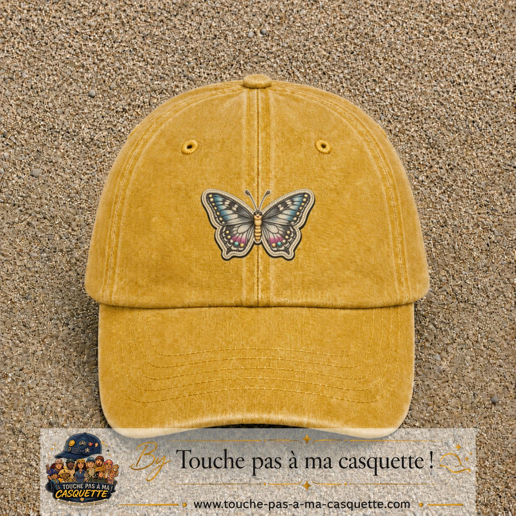 Casquette Jaune délavé - Moutarde délavé motif Papillon enchanté 5 cm - vue principale