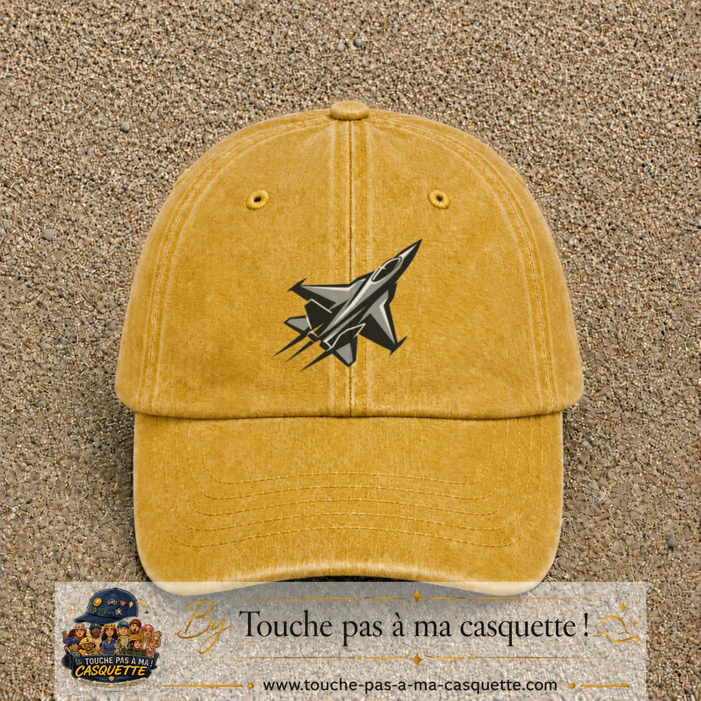 Casquette Jaune délavé - Moutarde délavé 100% coton avec motif Avion de chasse stylisé 7 cm - image principale
