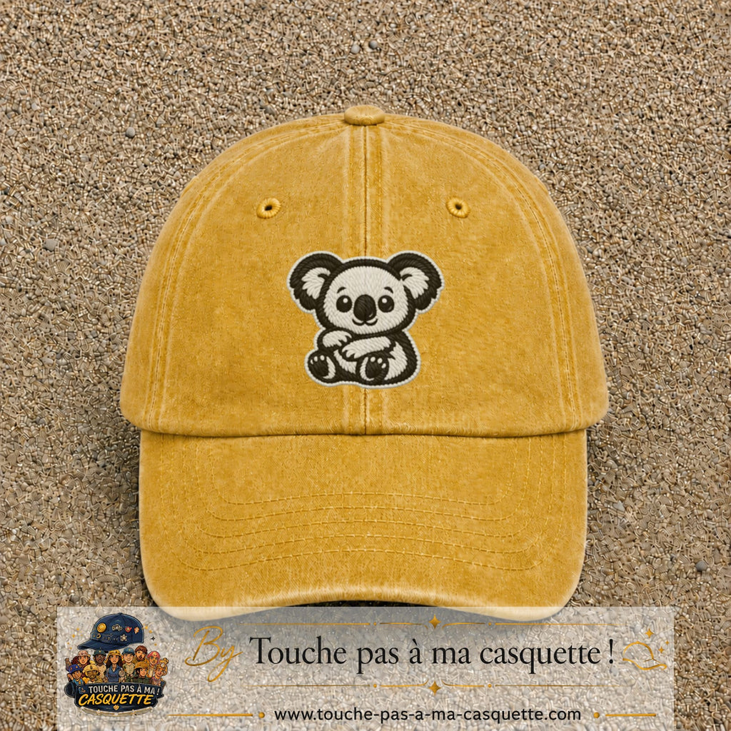 Casquette Jaune délavé - Moutarde délavé motif Koala noir et blanc 7 cm - vue principale