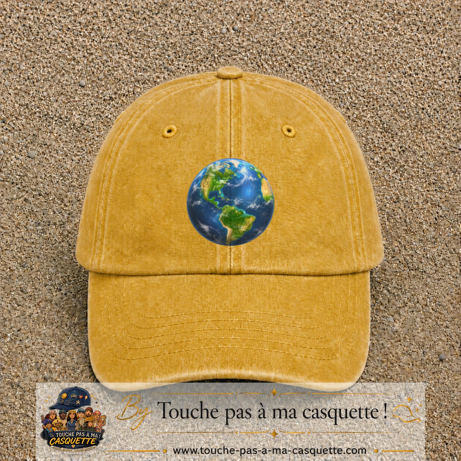Casquette baseball Jaune délavé - Moutarde délavé 100% coton avec visuel Planète Terre réaliste 7 cm - image produit principale