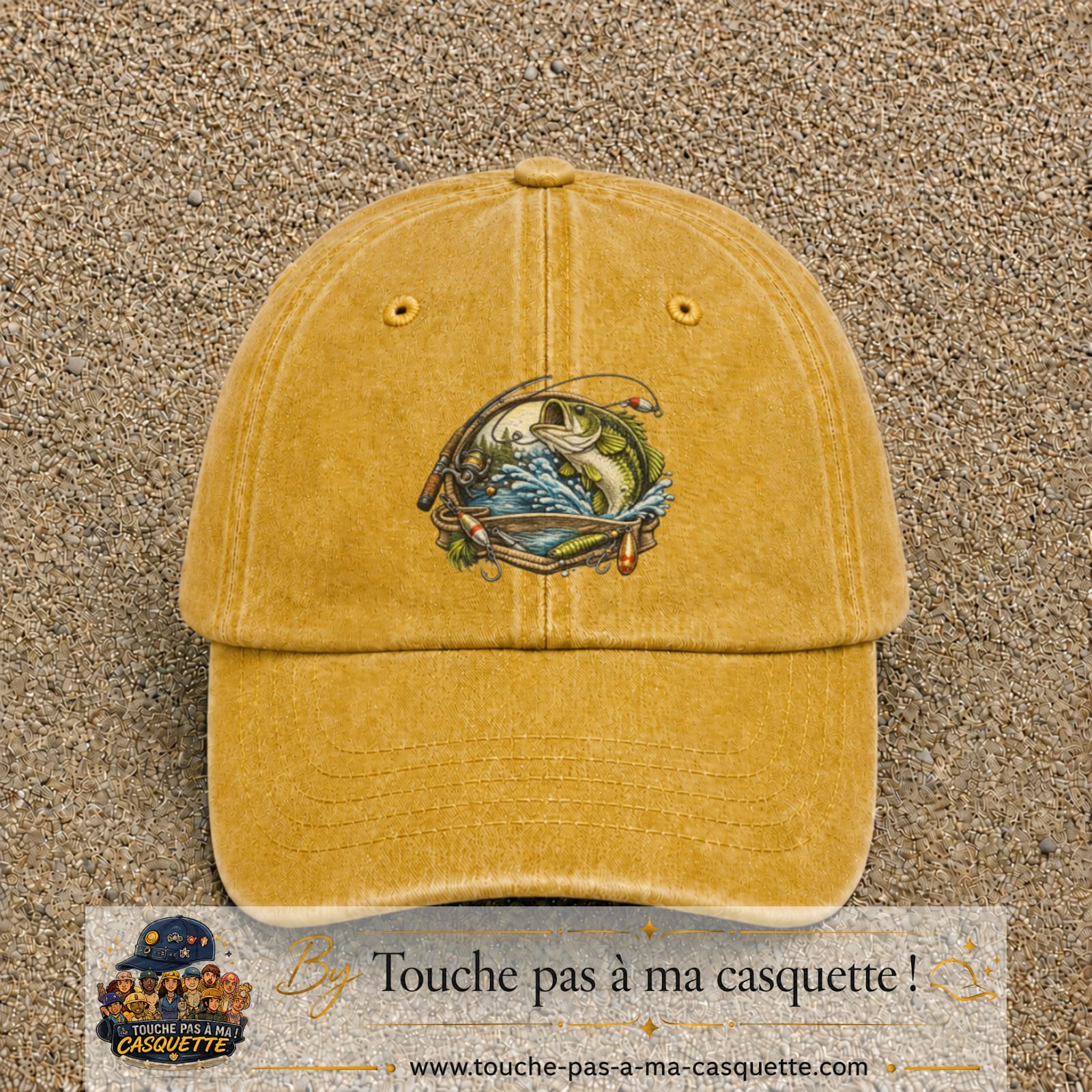 Casquette Jaune délavé - Moutarde délavé motif Pêche sportive 7 cm - vue principale