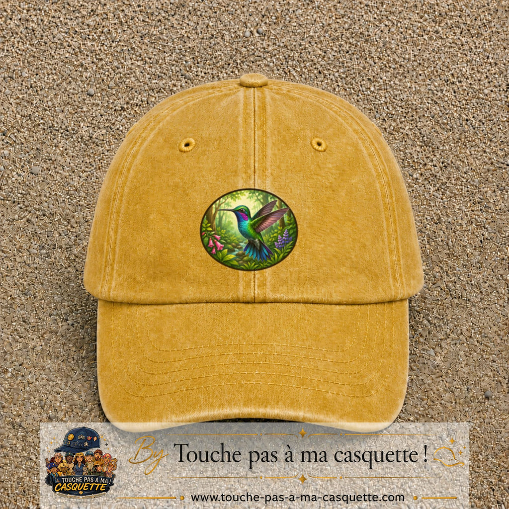Casquette baseball Jaune délavé - Moutarde délavé 100% coton avec visuel Colibri tropical 7 cm - image produit principale