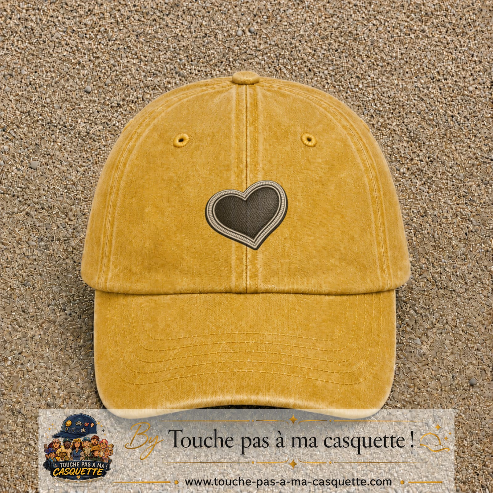 Casquette Jaune délavé - Moutarde délavé motif Cœur penché 5 cm - vue principale