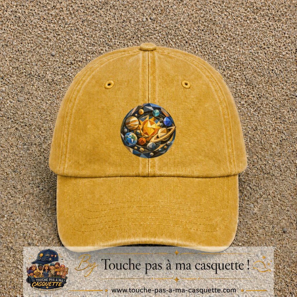 Casquette baseball Jaune délavé - Moutarde délavé 100% coton avec visuel Planètes géométriques 7 cm - image produit principale