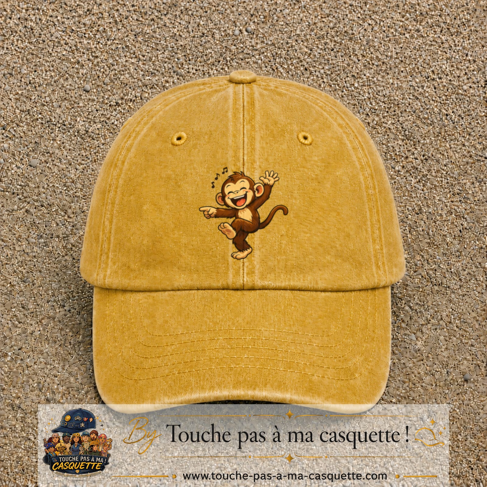 Casquette baseball Jaune délavé - Moutarde délavé 100% coton avec motif Singe danseur 7 cm - image principale