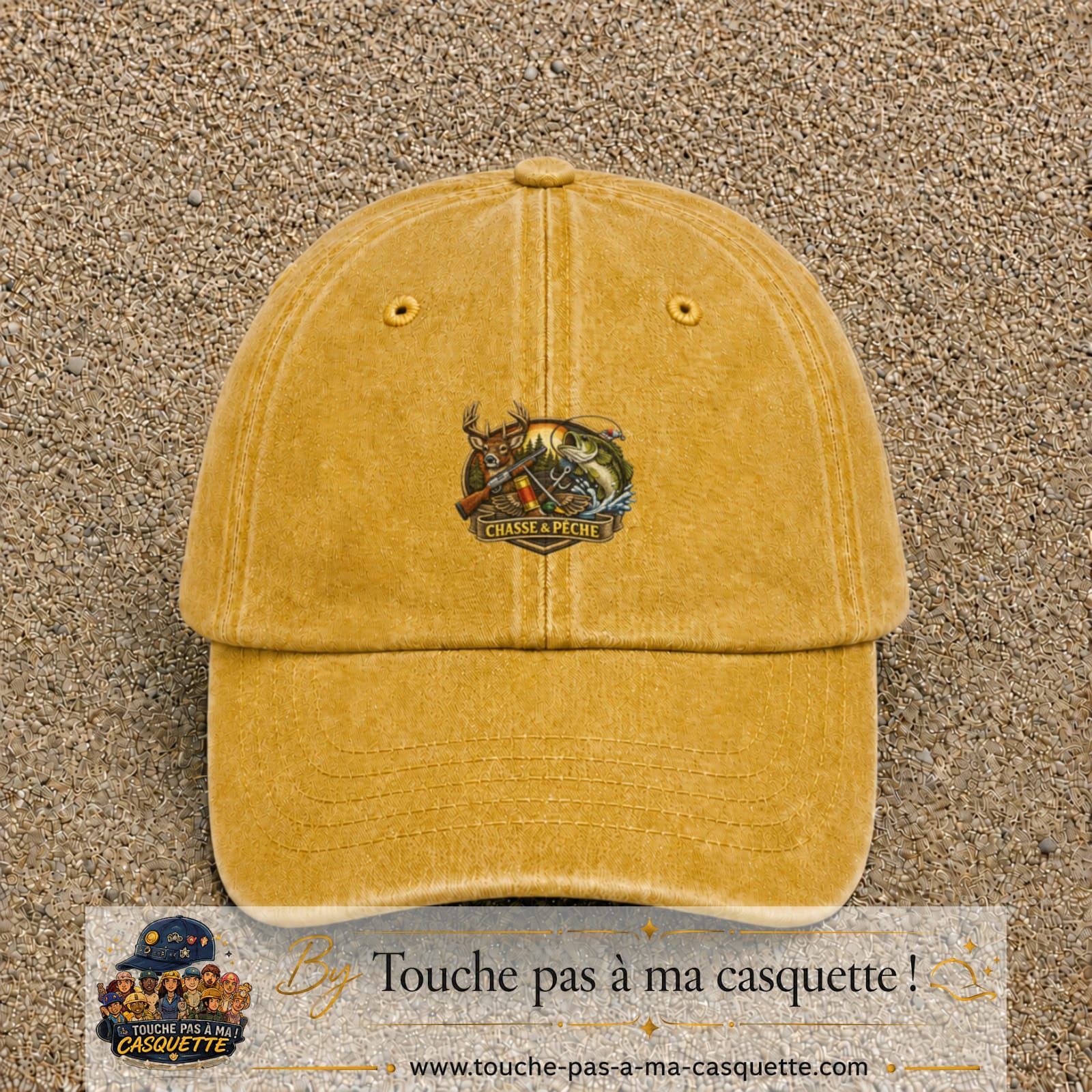 Casquette Jaune délavé - Moutarde délavé motif Chasse et pêche 5 cm - vue principale