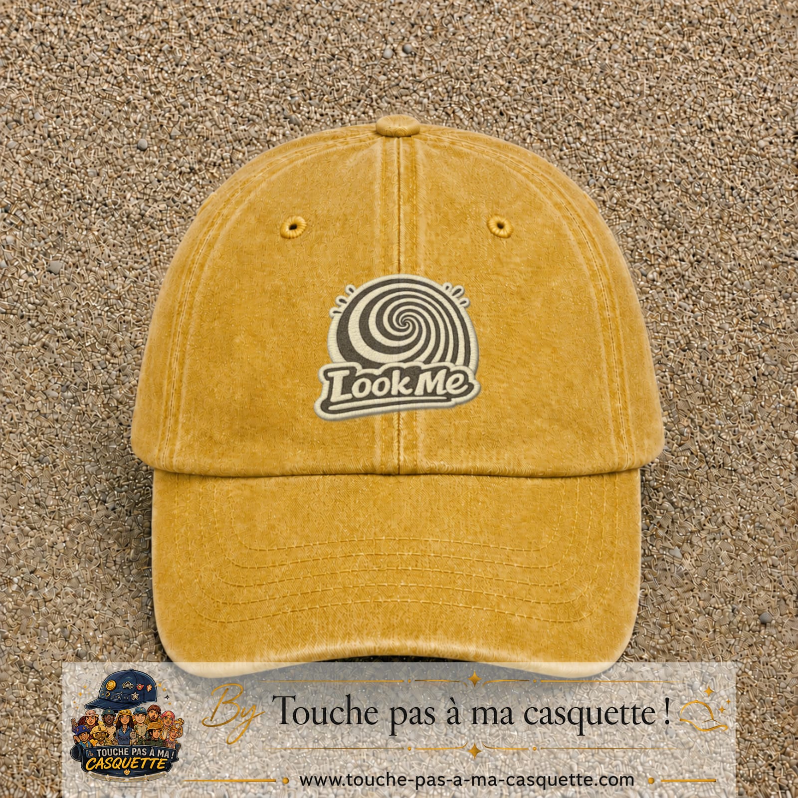 Casquette Jaune délavé - Moutarde délavé motif Look Me spirale 7 cm - vue principale