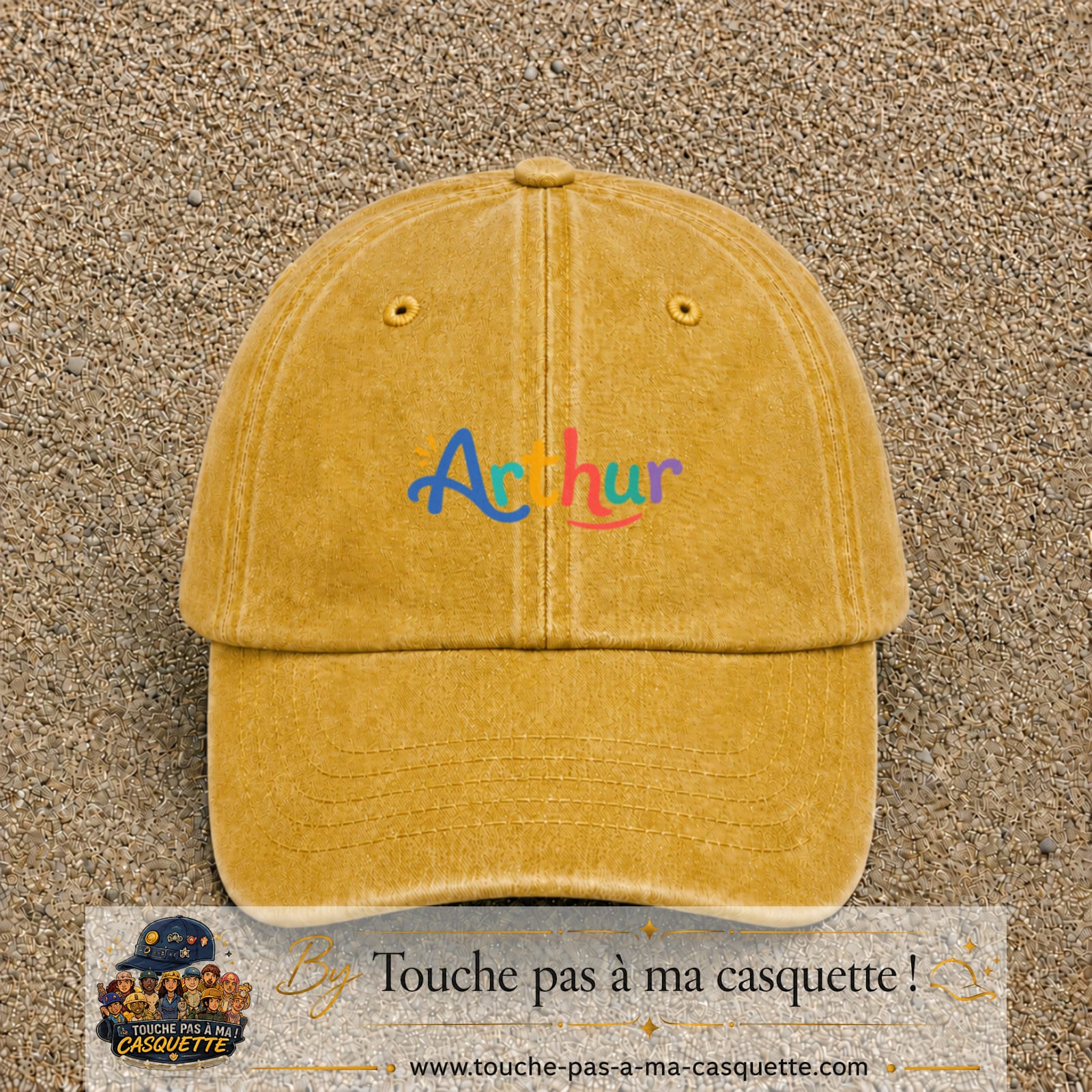 Casquette baseball Jaune délavé - Moutarde délavé 100% coton avec visuel Prénom Arthur coloré 5 cm - image produit principale