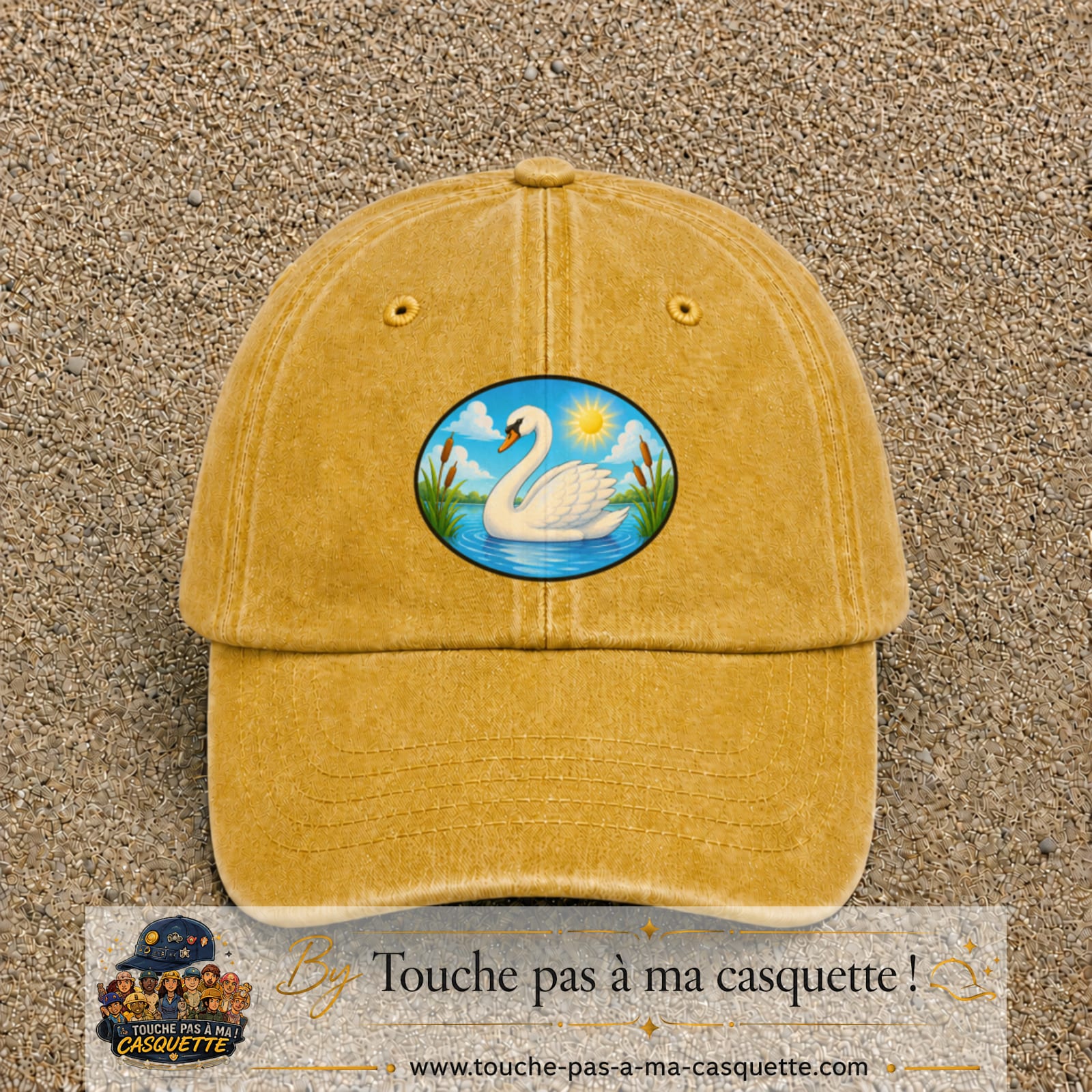Casquette baseball Jaune délavé - Moutarde délavé 100% coton avec visuel Cygne sur lac 7 cm - image produit principale